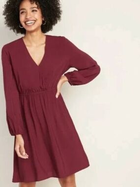 Old Navy Women's Dress Faux Wrap Large Wine Stain Color V-Neck Knee Length Fall
